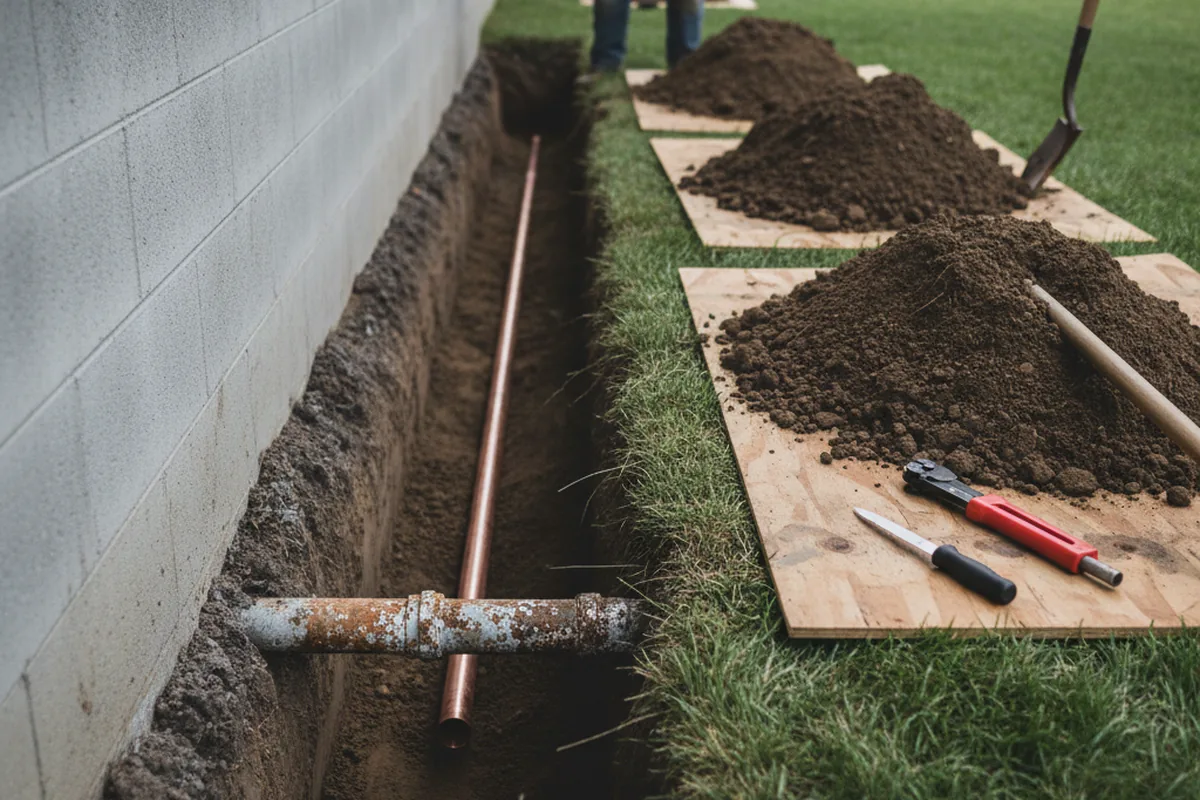 Excavated water line trench during Water Heater Repair in Chelmsford